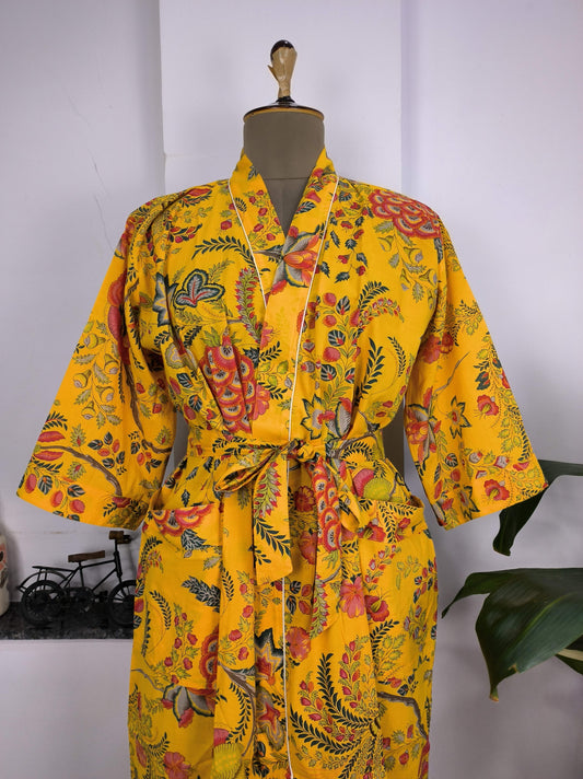 Pur coton Kimono indien imprimé à la main Boho House Robe Robe d’été | Floral rouge jaune vert | Vêtements de couverture de plage | Cadeau de Noël