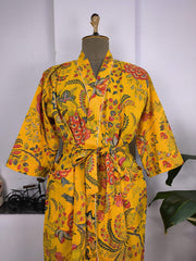 Pure Cotton Kimono Indian Handprinted Boho House Robe Summer Dress | Yellow Green Red Floral | Beach Cover Up Wear | Christmas Present
