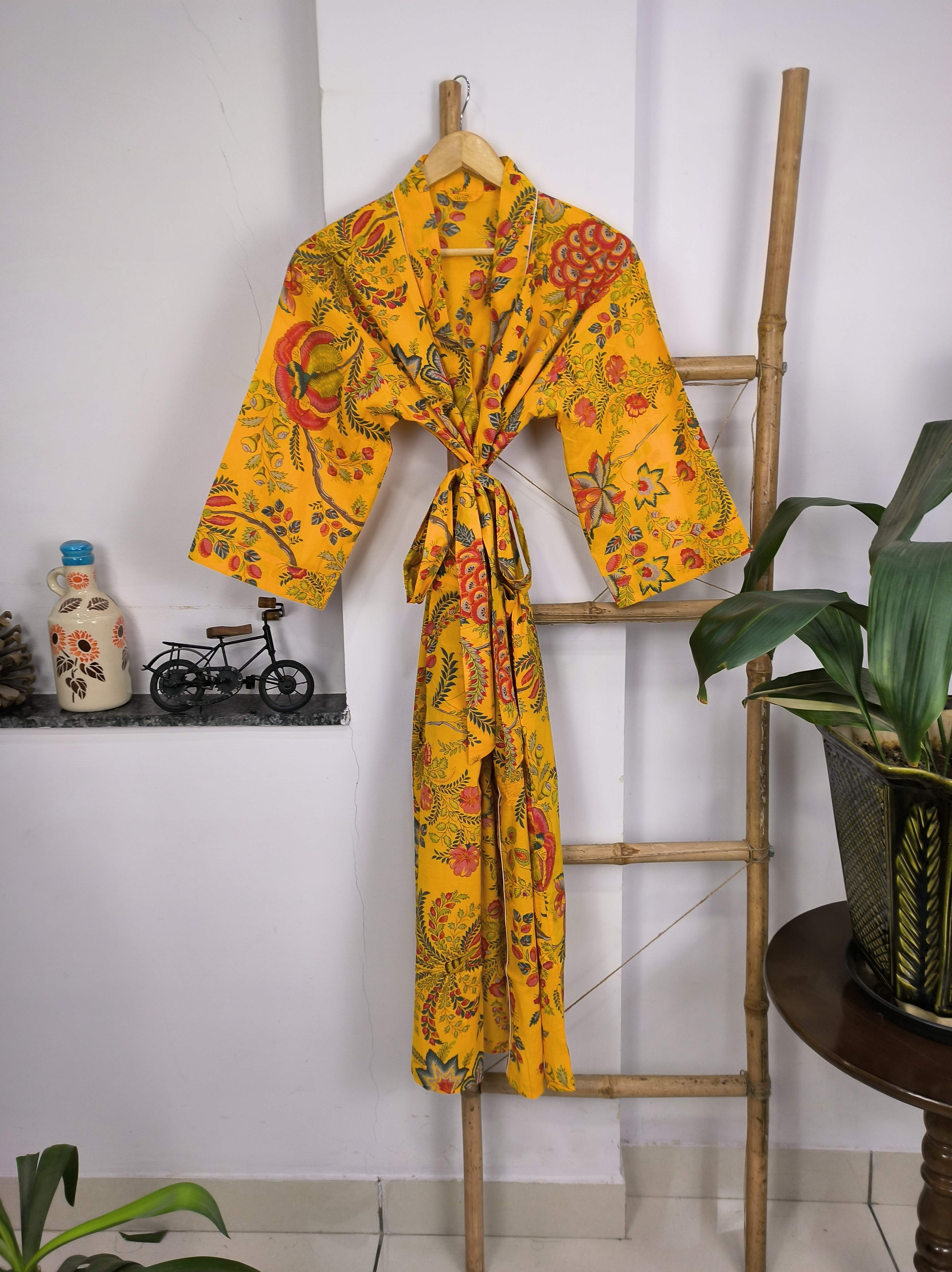 Pure Cotton Kimono Indian Handprinted Boho House Robe Summer Dress | Yellow Green Red Floral | Beach Cover Up Wear | Christmas Present