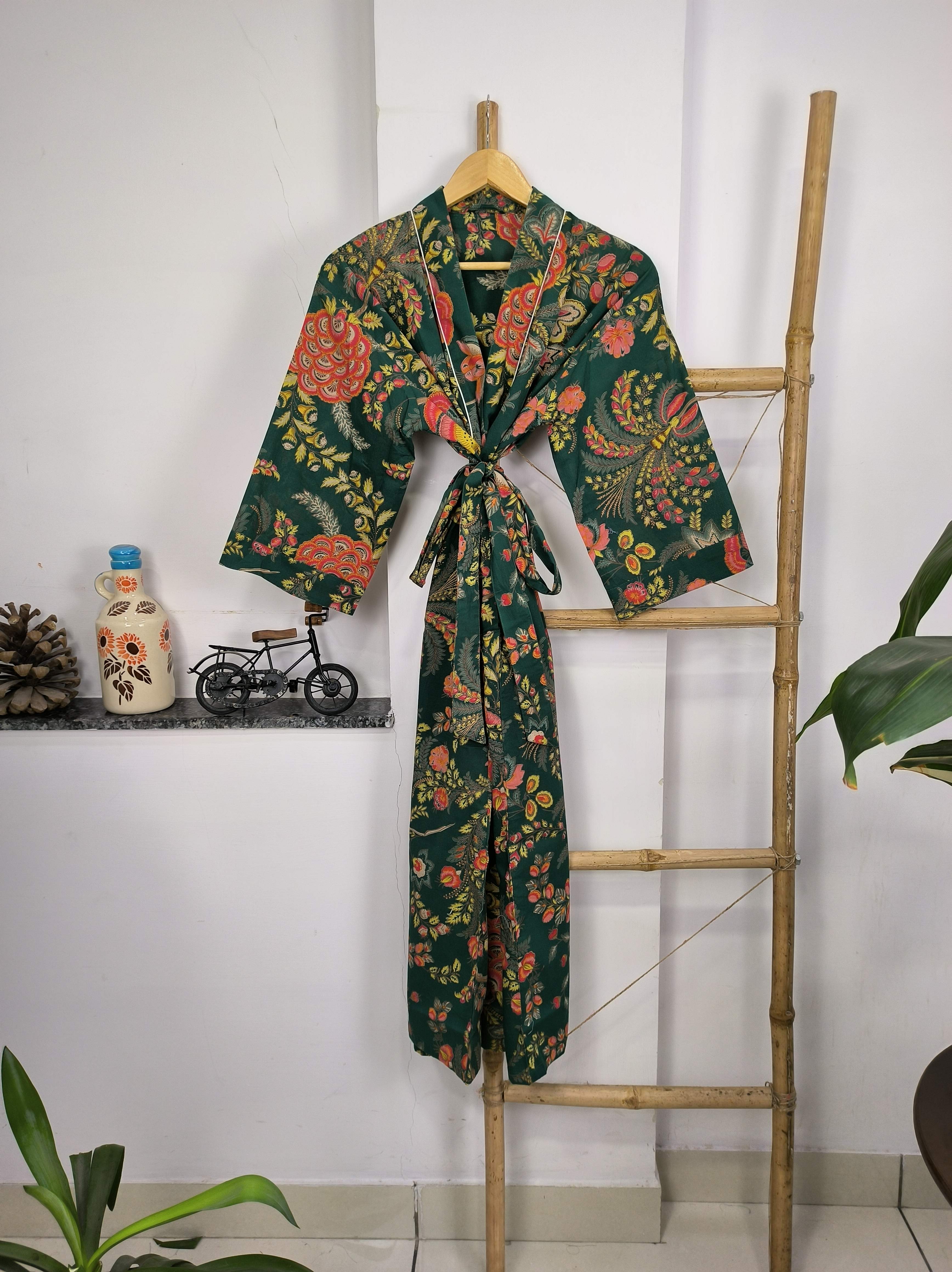 Pure Cotton Kimono Indian Handprinted Boho House Robe Summer Dress | Green Red Yellow Floral | Beach Cover Up Wear | Christmas Present