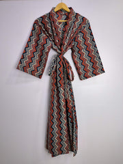 Pure Cotton Kimono Indian Handprinted Boho House Robe Summer Dress | Red Blue Geometric Print | Beach Cover Up Wear | Christmas Present