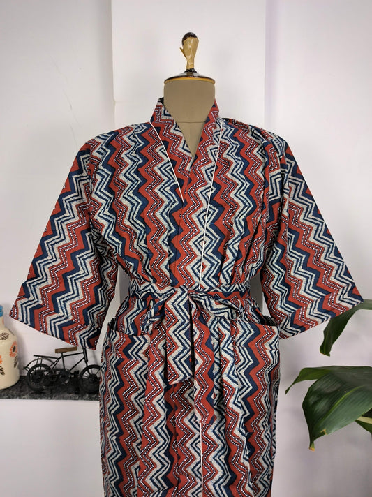 Kimono aus reiner Baumwolle, handbedruckt, indischer Boho-Hausmantel, Sommerkleid | Rot-Blau-geometrischer Druck | Strandüberwurf | Weihnachtsgeschenk