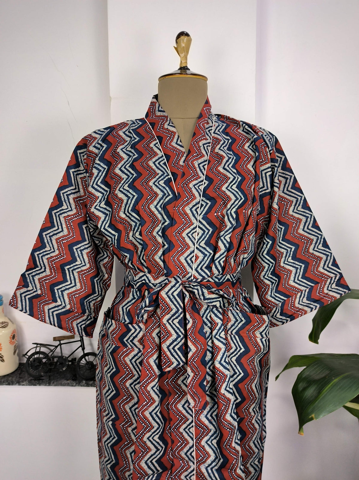 Pure Cotton Kimono Indian Handprinted Boho House Robe Summer Dress | Red Blue Geometric Print | Beach Cover Up Wear | Christmas Present