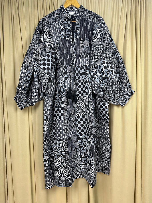 Black Patchwork Cotton Dress: Hand-Stitched Block Print, Fits XXL