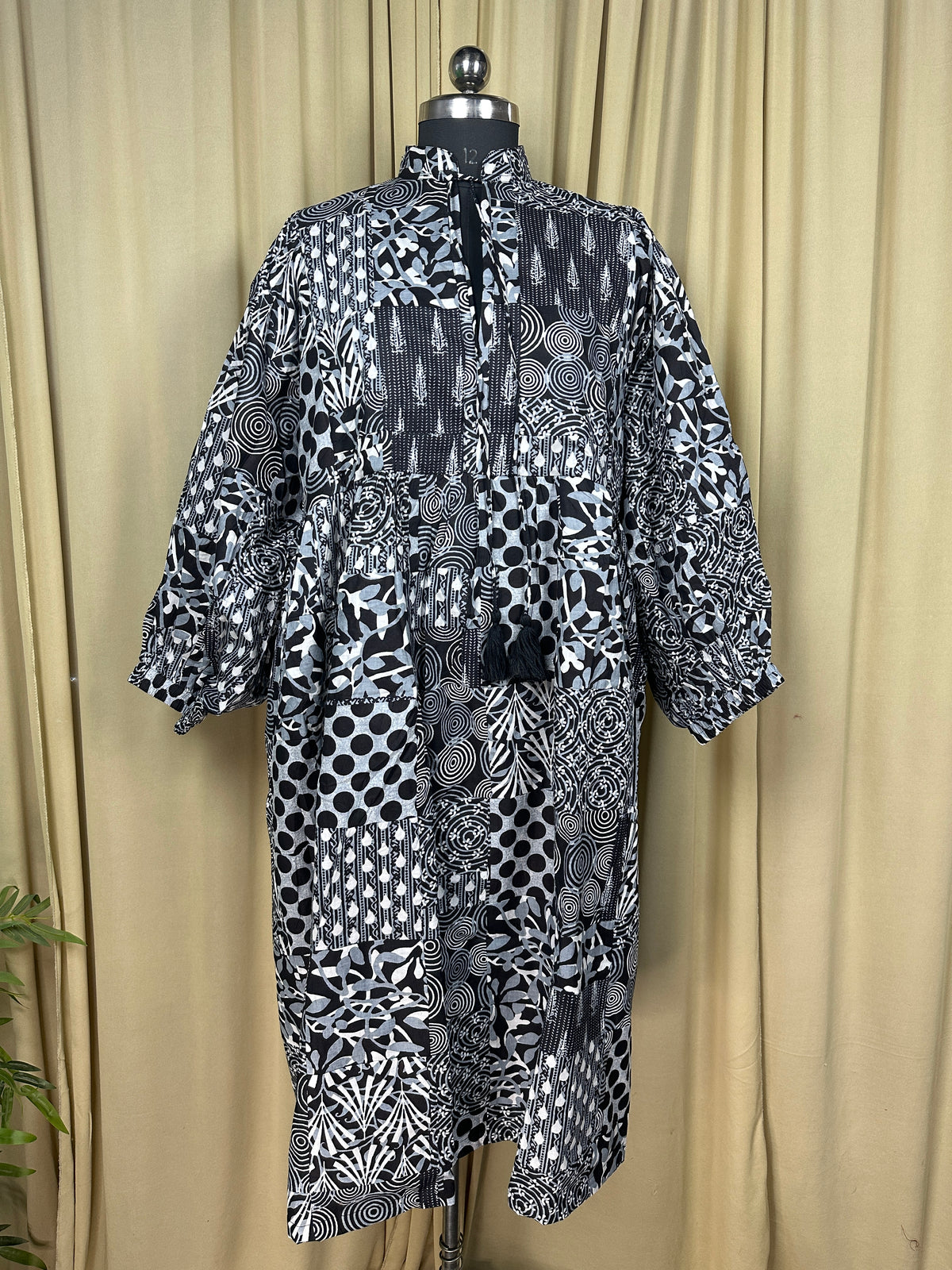 Black Patchwork Cotton Dress: Hand-Stitched Block Print, Fits XXL