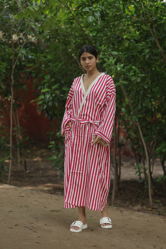 Women Cotton Kimono Robe, Reversible Striped Boho Loungewear, Lightweight Spa Beach Resort Outfit with Pockets, One Size Breathable Bathrobe