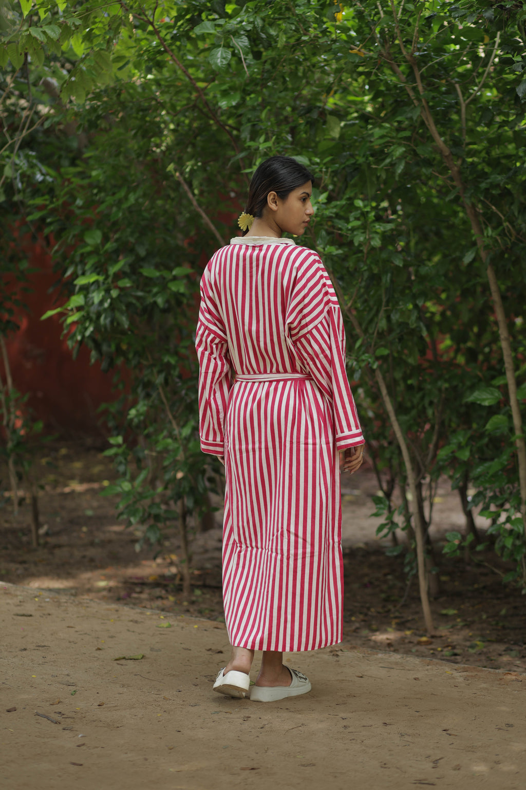 Women Cotton Kimono Robe, Reversible Striped Boho Loungewear, Lightweight Spa Beach Resort Outfit with Pockets, One Size Breathable Bathrobe
