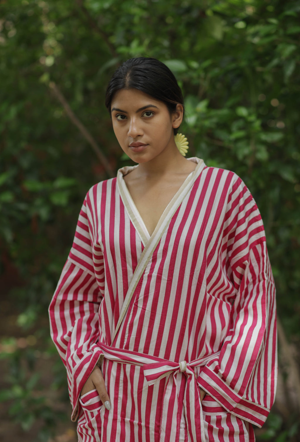 Women Cotton Kimono Robe, Reversible Striped Boho Loungewear, Lightweight Spa Beach Resort Outfit with Pockets, One Size Breathable Bathrobe