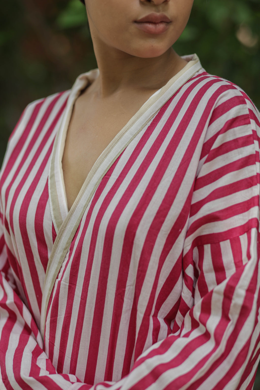 Women Cotton Kimono Robe, Reversible Striped Boho Loungewear, Lightweight Spa Beach Resort Outfit with Pockets, One Size Breathable Bathrobe
