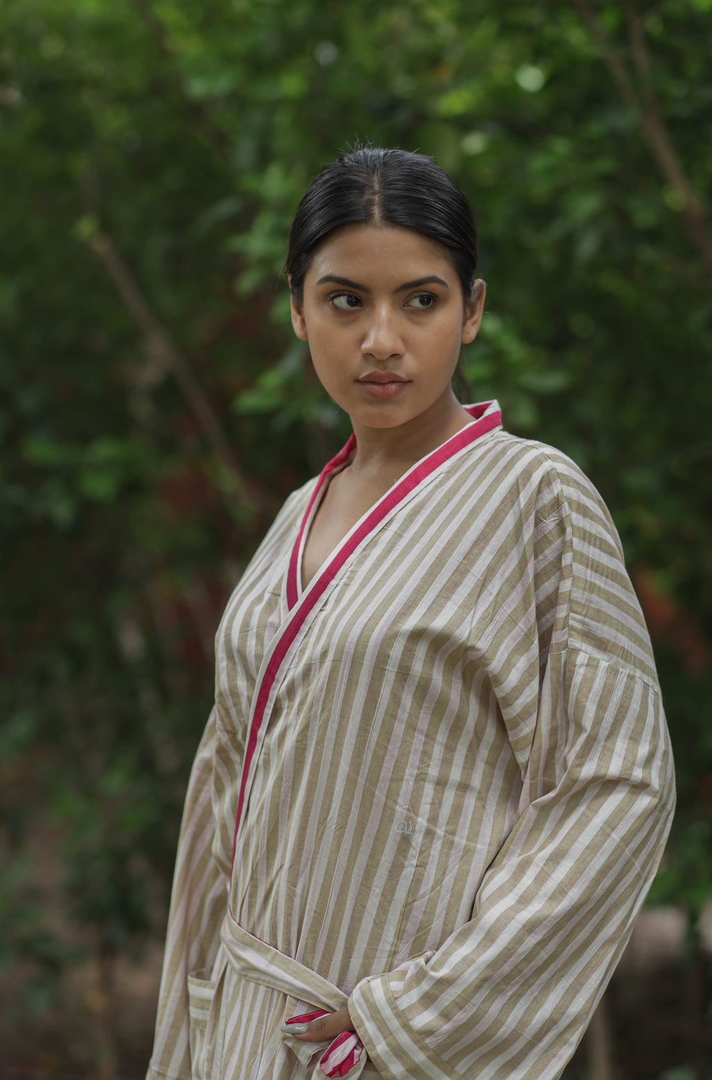 Women Cotton Kimono Robe, Reversible Striped Boho Loungewear, Lightweight Spa Beach Resort Outfit with Pockets, One Size Breathable Bathrobe
