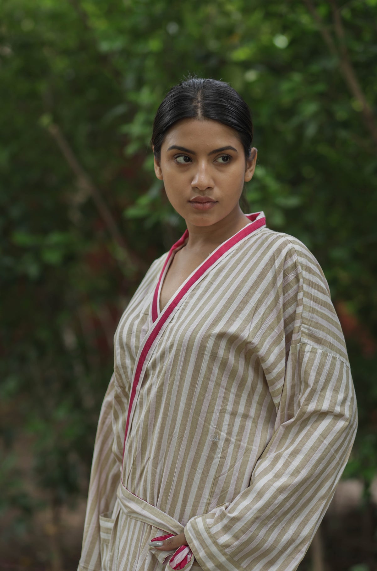 Women Cotton Kimono Robe, Reversible Striped Boho Loungewear, Lightweight Spa Beach Resort Outfit with Pockets, One Size Breathable Bathrobe