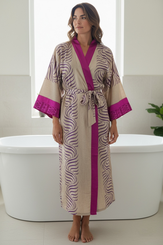 Recycle Silk Sari Women Kimono, Boho Chic Beach Cover Up Vintage Lounge Dressing Robe  l Resort Wear Regal Gypsy House Robe Beige Geometric