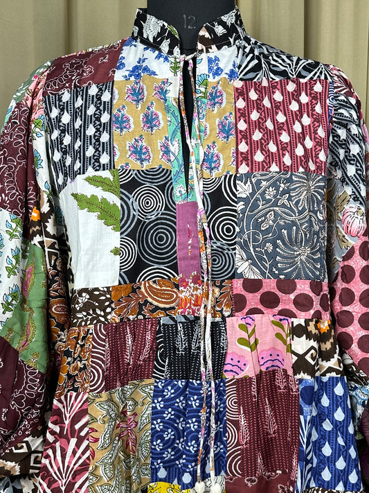 Multicolour Patchwork Cotton Dress: Hand-Stitched Block Print, Fits XXL