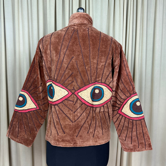 Boho Hand Embroidered Velvet Suzani Jacket | Brown Geometric Open Front Coat Winter Wear Free Size Retro Chic Free Size Robe Blazer for Her