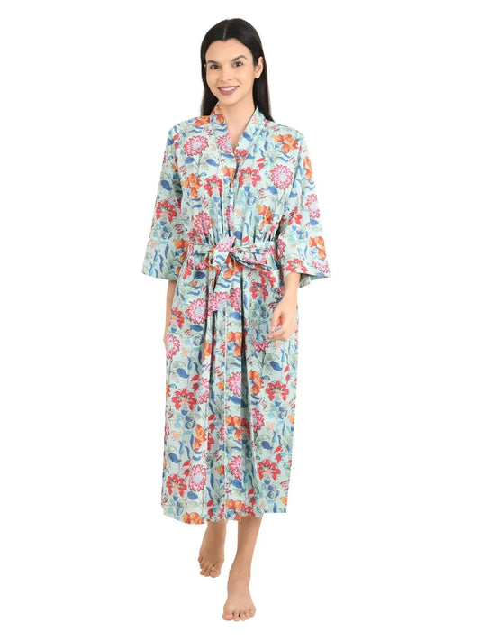 Boho Cotton Kimono House Robe Indien imprimé à la main Motif imprimé floral | Le yacht léger de vacances de plage de luxe d'été couvre la superbe robe