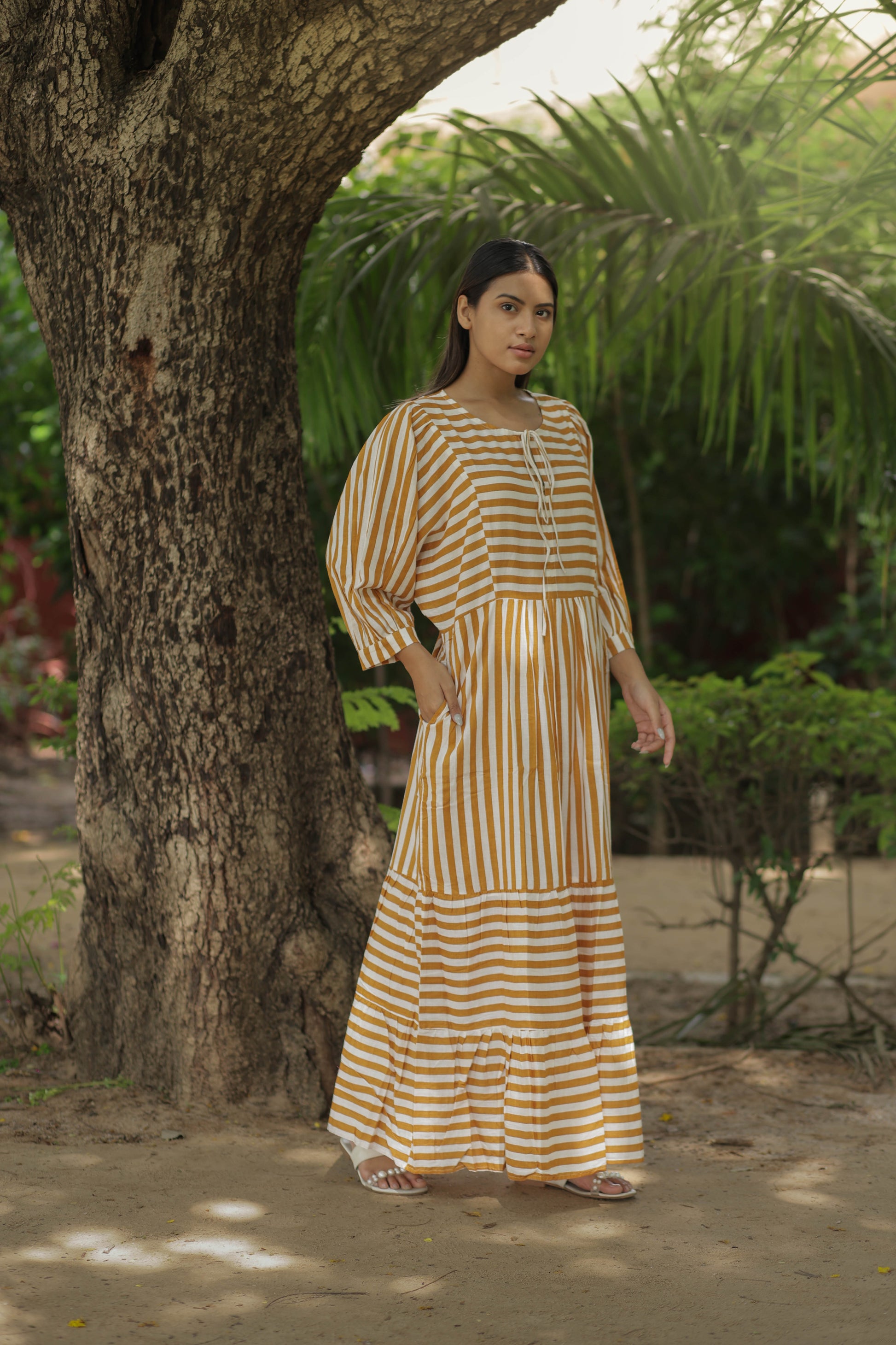 Women Cotton Midi Dress, Hand Block Printed Stripes Dress, Boho Chic Flowy Gown, Long Sleeves With Pockets, Flowy Sustainable Gift For Her Women Cotton Midi Dress, Hand Block Printed Stripes Dress, Boho Chic Flowy Gown, Long Sleeves With Pockets, Flowy Sustainable Gift For Her
