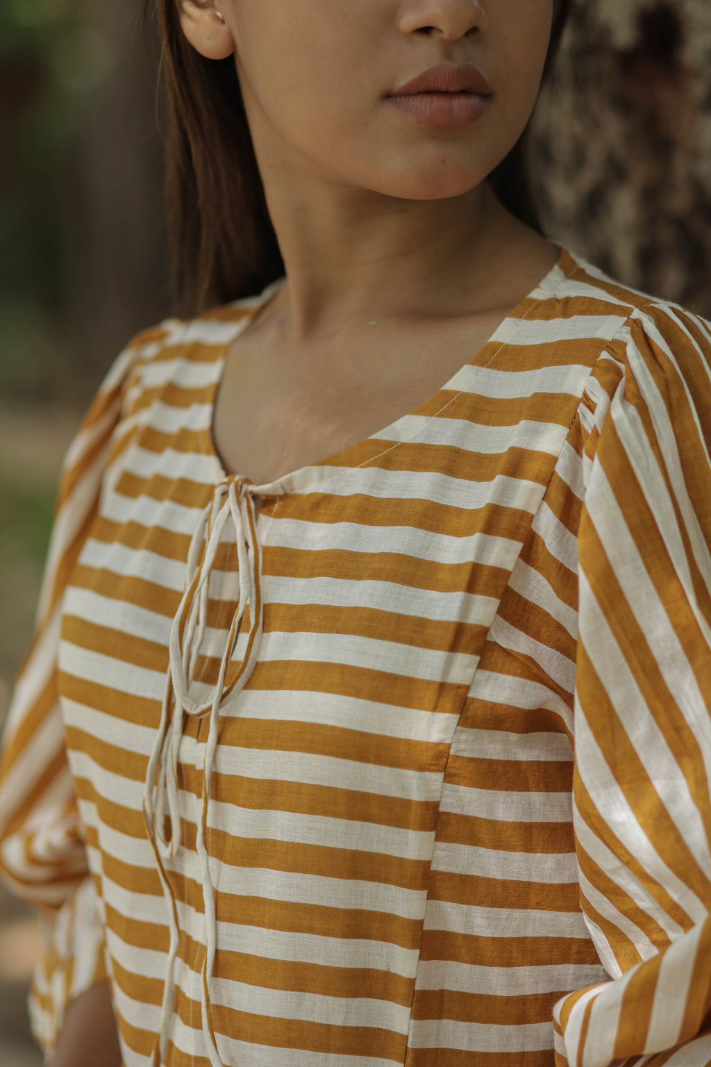 Women's block-printed Cotton Midi Dress in striped with pockets