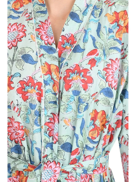 Boho-Kimono aus Baumwolle, Hausmantel, indisches handbedrucktes Blumenmuster, leichtes Sommer-Luxus-Strandurlaubs-Yacht-Cover-Up, atemberaubendes Kleid