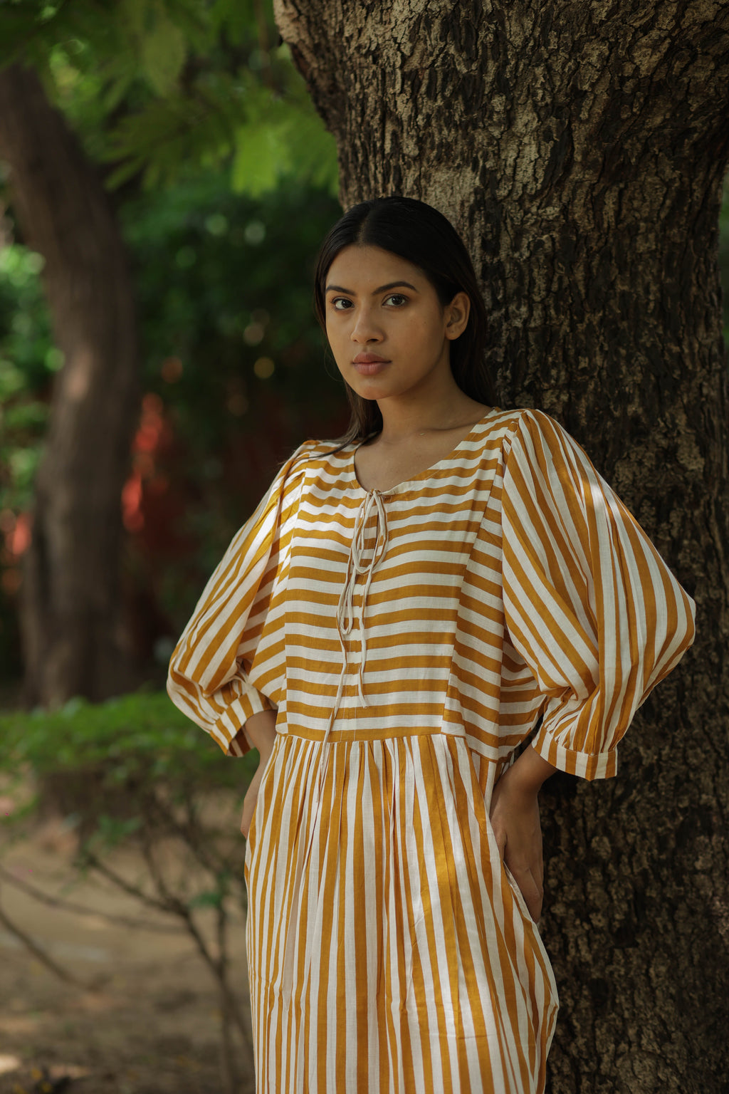 Women's block-printed Cotton Midi Dress in striped with pockets
