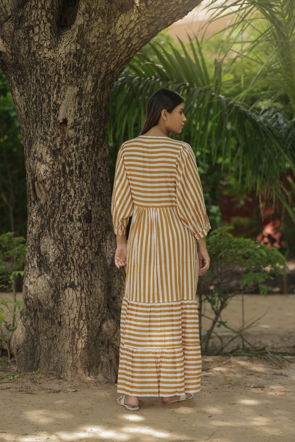 Women's block-printed Cotton Midi Dress in striped with pockets