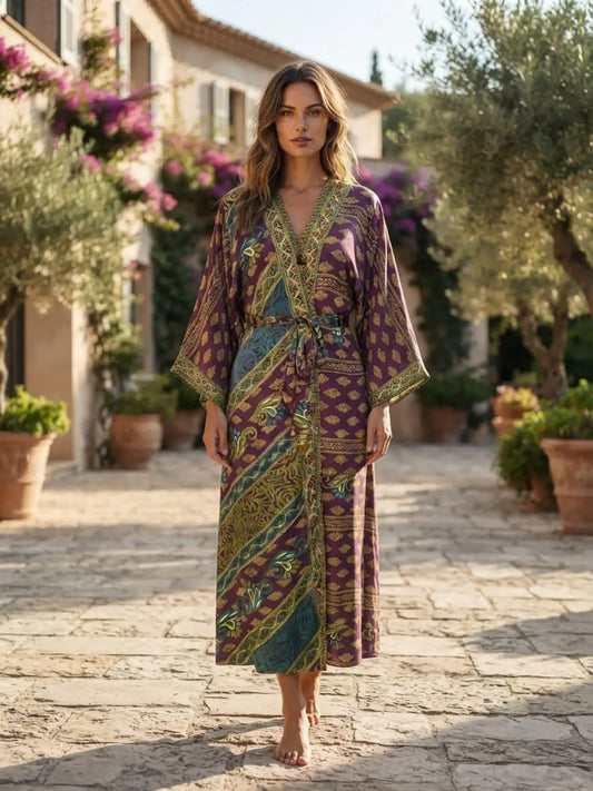 Upcycle Boho Silk Long Women kimono, Boho Chic Robe House Beach Cover Up Vintage Bridesmaid Lounge Dressing Gown Resort Wear Gypsy Nightwear