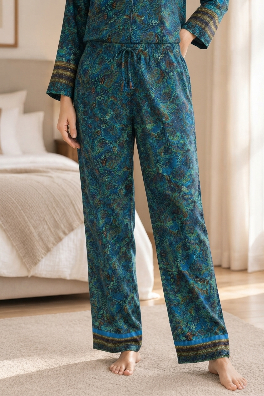 Silky Nightwear Pajama Set, Recycled Sari Silk Blend Luxury Lounge Set, Button Down Top, Drawstring Pants with Side Pockets, Gift