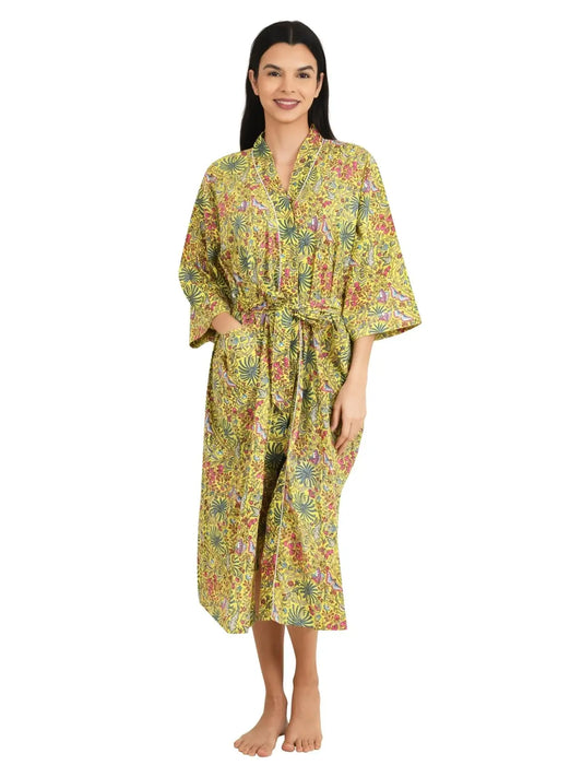 Boho-Kimono aus Baumwolle, Hausmantel, indisches handbedrucktes Schmetterlingsmuster, leichtes Sommer-Luxus-Strandurlaubs-Yacht-Cover-Up, atemberaubendes Kleid