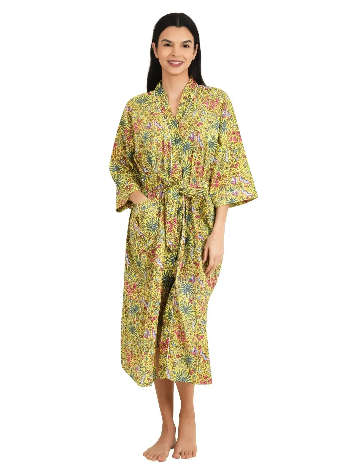 Boho Cotton Kimono House Robe Indian Handprinted Butterfly  Print Pattern | Lightweight Summer Luxury Beach Holidays Yacht Cover Up Stunning Dress