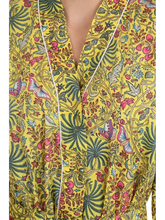 Boho-Kimono aus Baumwolle, Hausmantel, indisches handbedrucktes Schmetterlingsmuster, leichtes Sommer-Luxus-Strandurlaubs-Yacht-Cover-Up, atemberaubendes Kleid