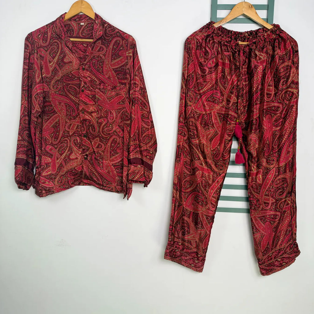 Recycled Silk Sari Pajama Set, Handmade Silk Blend Sleepwear with Pockets, Button Down Top, Drawstring Pants, Boho Gift for Her