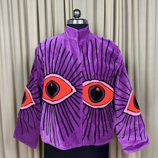 Boho Hand Embroidered Velvet Suzani Jacket | Purpel Geometric Open Front Coat Winter Wear Free Size Retro Chic Free Size Robe Blazer for Her