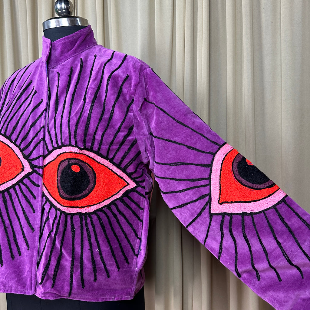 Boho Hand Embroidered Velvet Suzani Jacket | Purpel Geometric Open Front Coat Winter Wear Free Size Retro Chic Free Size Robe Blazer for Her