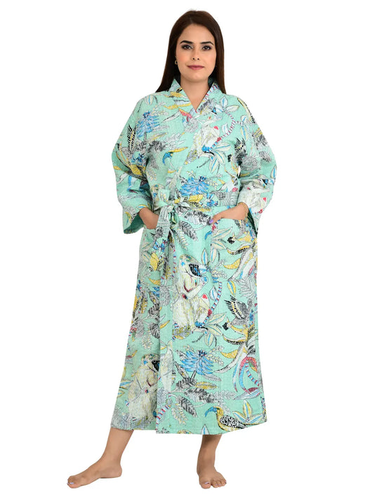 Kantha Pure Cotton Reversible Long Kimono Women Jacket Pastel Green Monkey Animal