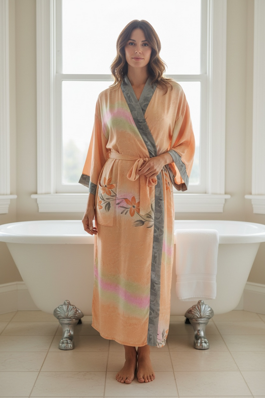 Recycle Silk Sari Women Kimono | Boho Chic Beach Cover Up Vintage Lounge Dressing Robe l Resort Wear Regal Gypsy House Robe | Orange Floral