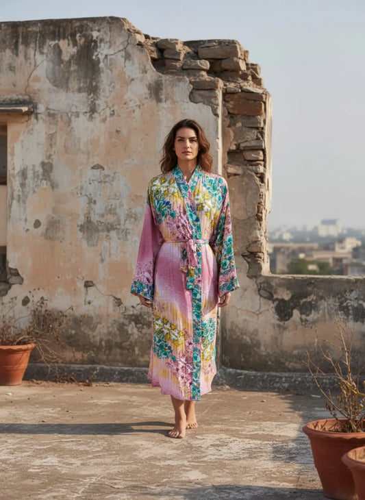 Recycle Silk Sari Women Kimono | Boho Chic Robe House, Beach Cover Up Vintage Bridesmaid Lounge Dressing Gown l Resort Wear Gypsy Nightwear