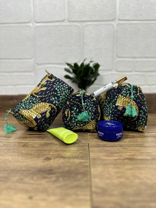 Block Print Toiletry & Makeup Bag | Quilted Wash Bag | Set of 3