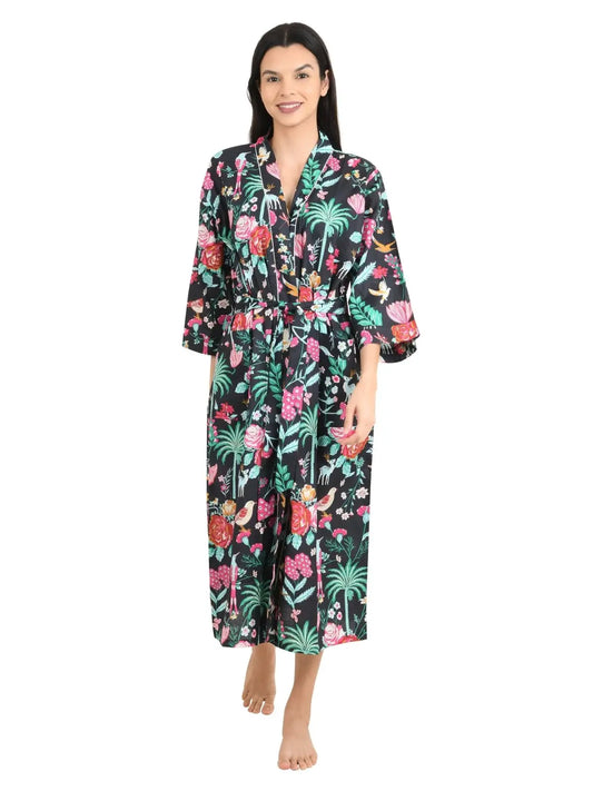 Boho-Kimono aus Baumwolle, Hausmantel, indisches handbedrucktes Blumenmuster, leichtes Sommer-Luxus-Strandurlaubs-Yacht-Cover-Up, atemberaubendes Kleid