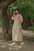 Women's block-printed Cotton Midi Dress in floral with pockets