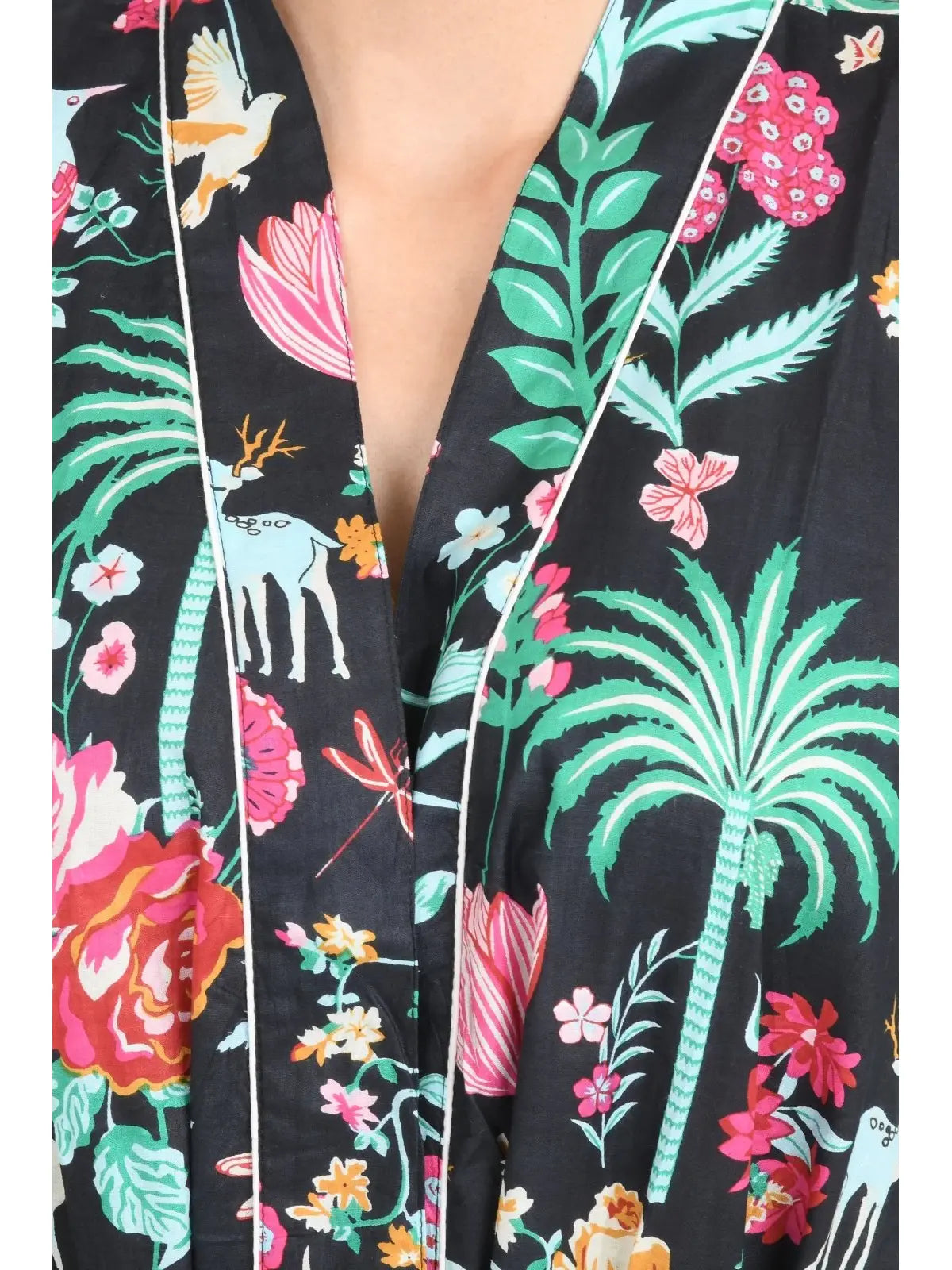 Boho Cotton Kimono House Robe Indian Handprinted Floral Print Pattern | Lightweight Summer Luxury Beach Holidays Yacht Cover Up Stunning Dress