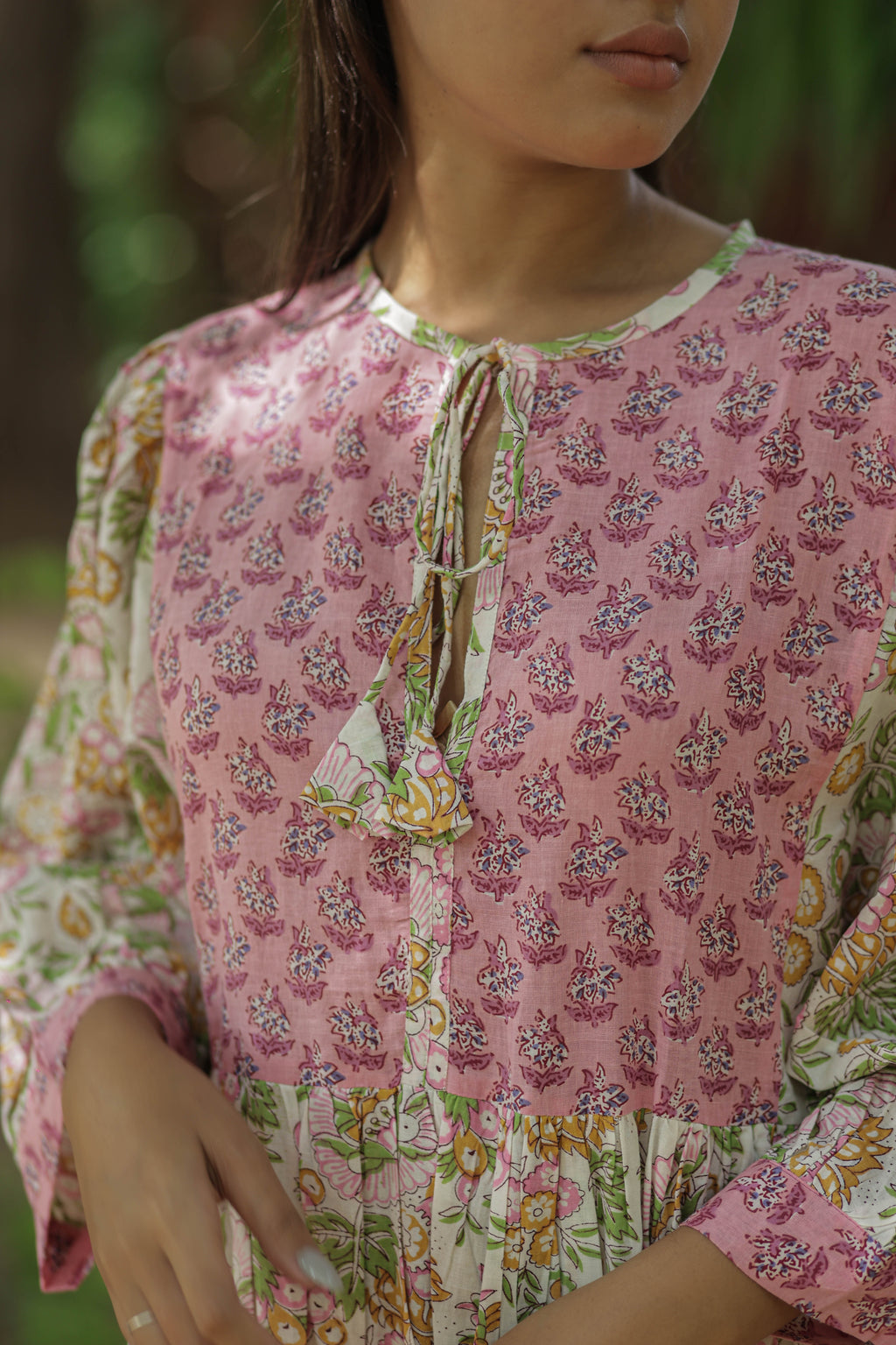 Women's block-printed Cotton Midi Dress in floral with pockets