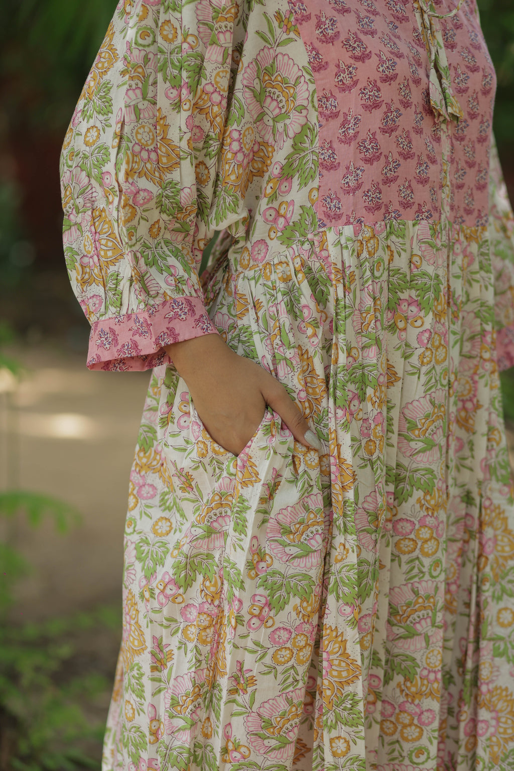 Women's block-printed Cotton Midi Dress in floral with pockets
