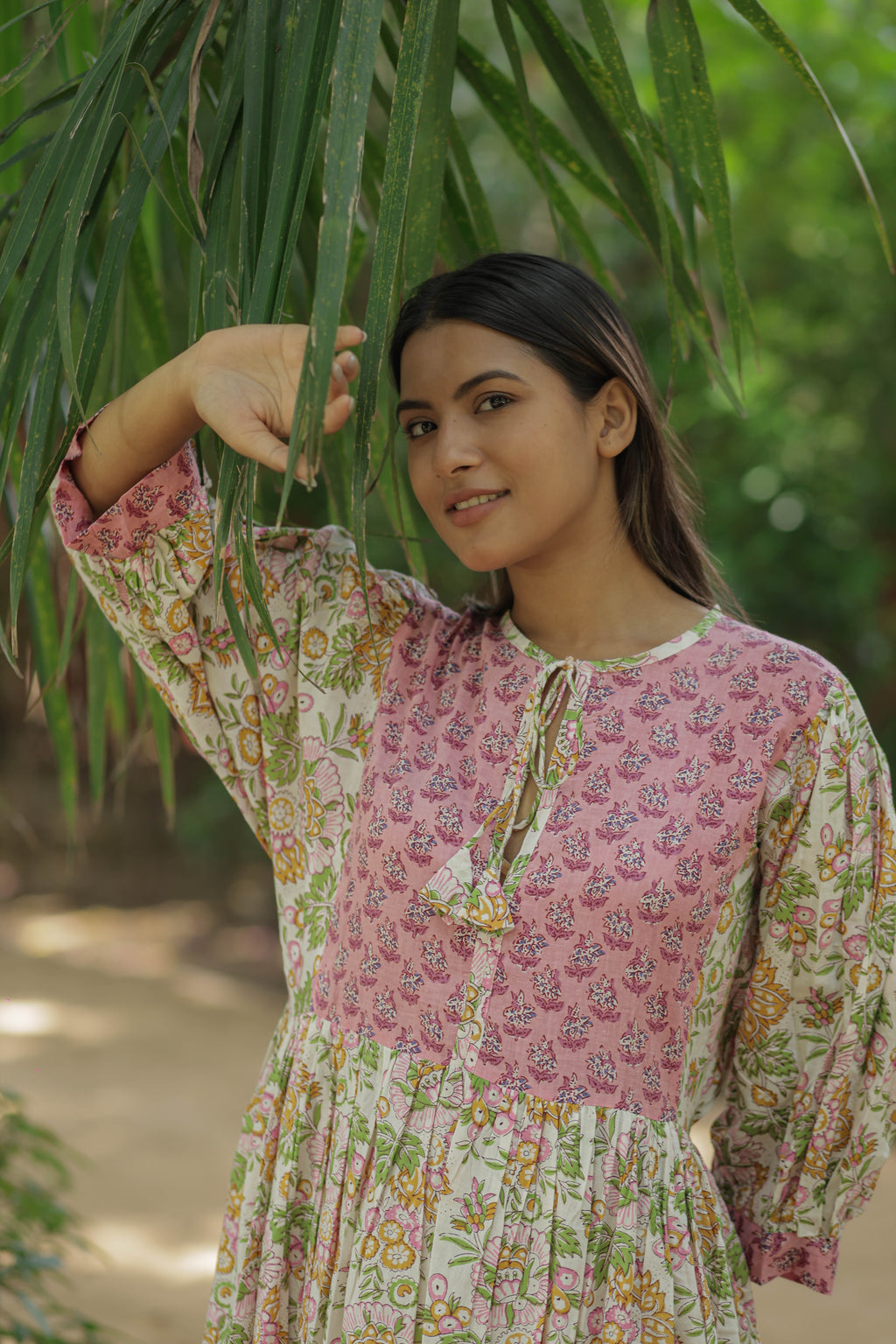 Women's block-printed Cotton Midi Dress in floral with pockets