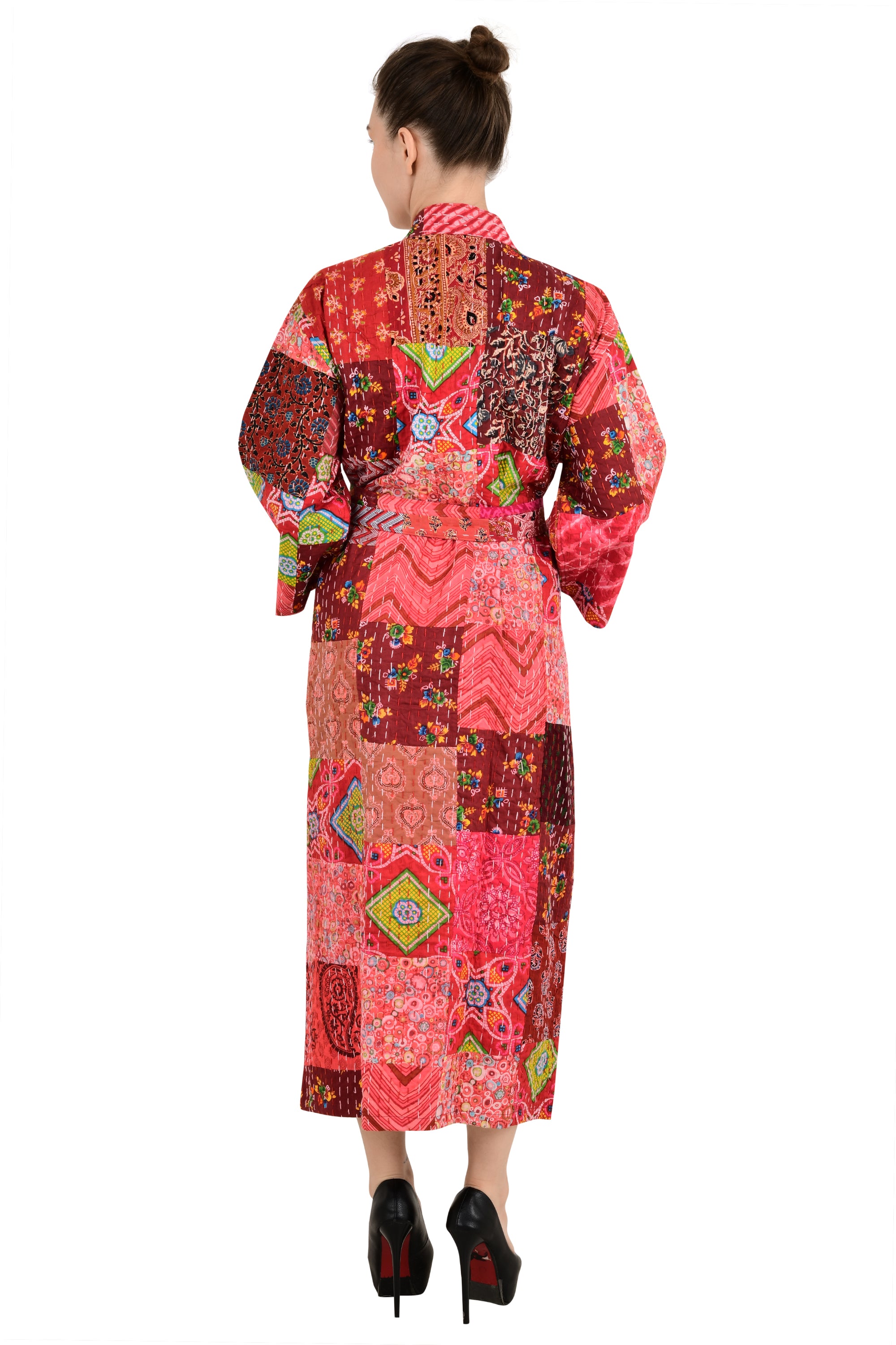 Kantha Pure Cotton Reversible Long Kimono Women Unique Patchwork Red Burst