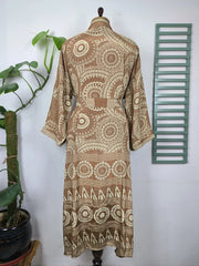 Upcycle Boho Chic Coverup Recycle Silk Sari Kimono Gorgeous Wardrobe Vintage Elegance House Robe | Duster Cardigan Pastel Beige Mandala