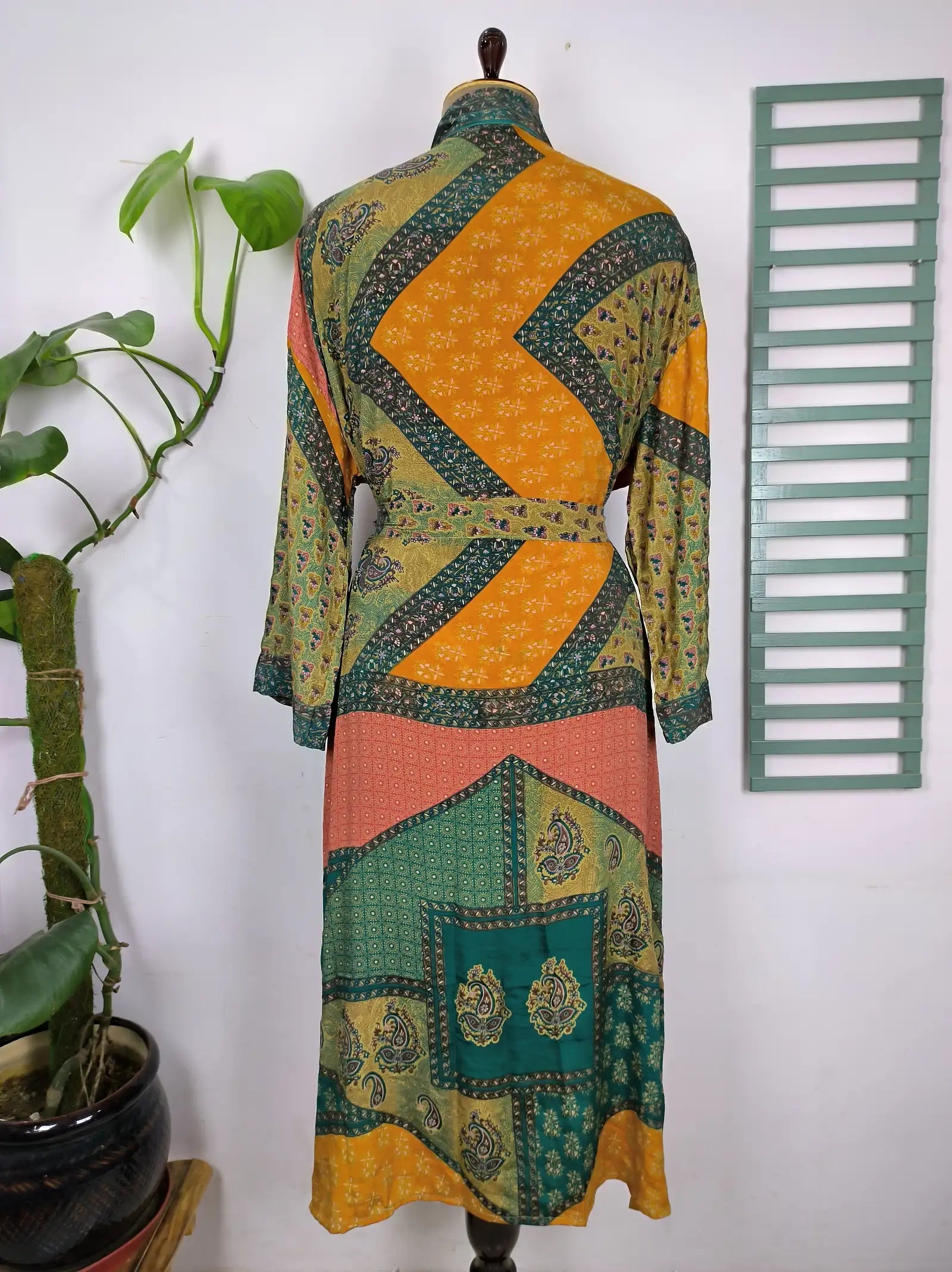Upcycle Boho Chic Coverup Recycle Silk Sari Kimono Gorgeous Wardrobe Vintage Elegance House Robe | Duster Cardigan Green Paisley Floral