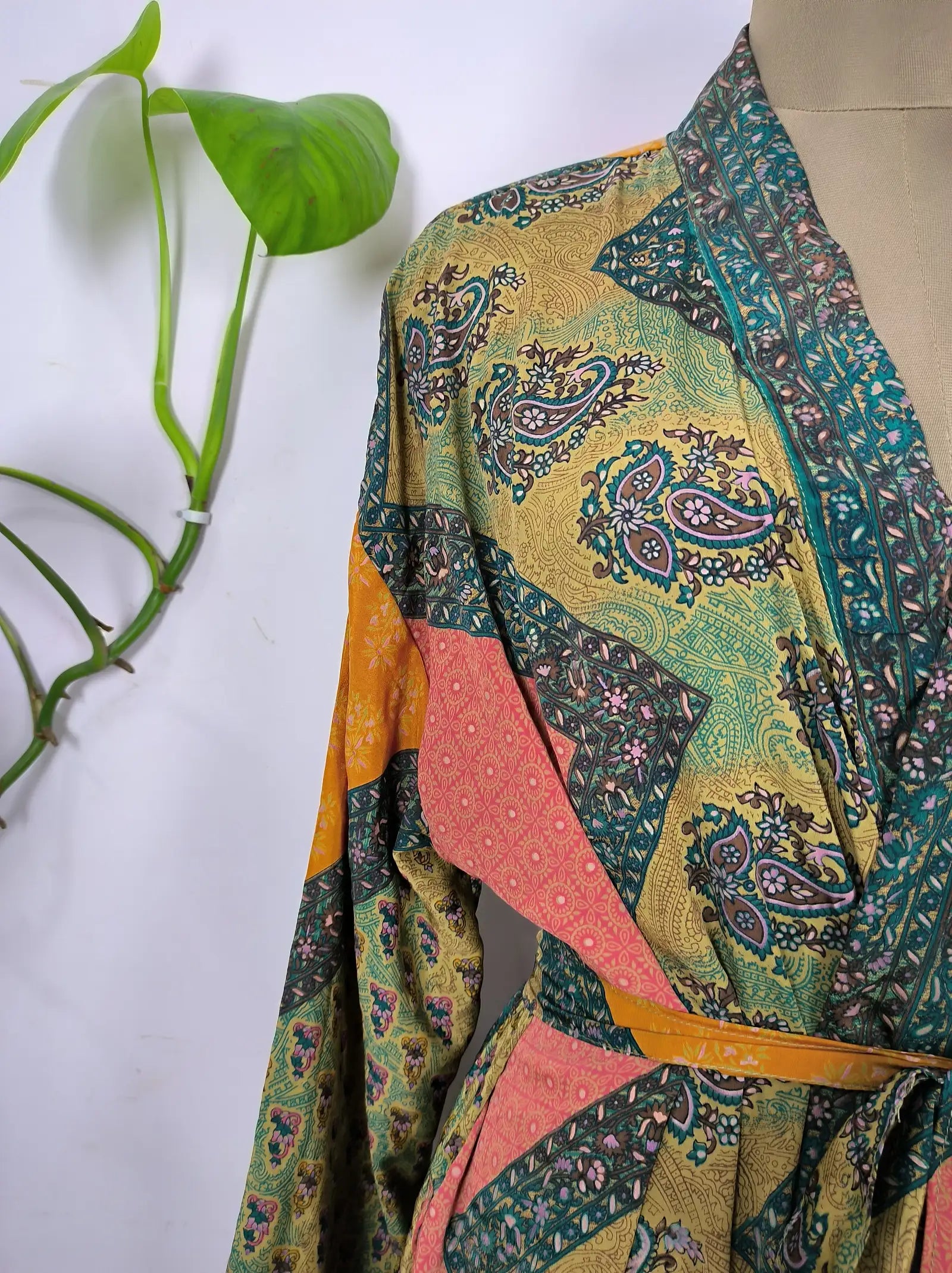 Upcycle Boho Chic Coverup Recycle Silk Sari Kimono Gorgeous Wardrobe Vintage Elegance House Robe | Duster Cardigan Green Paisley Floral