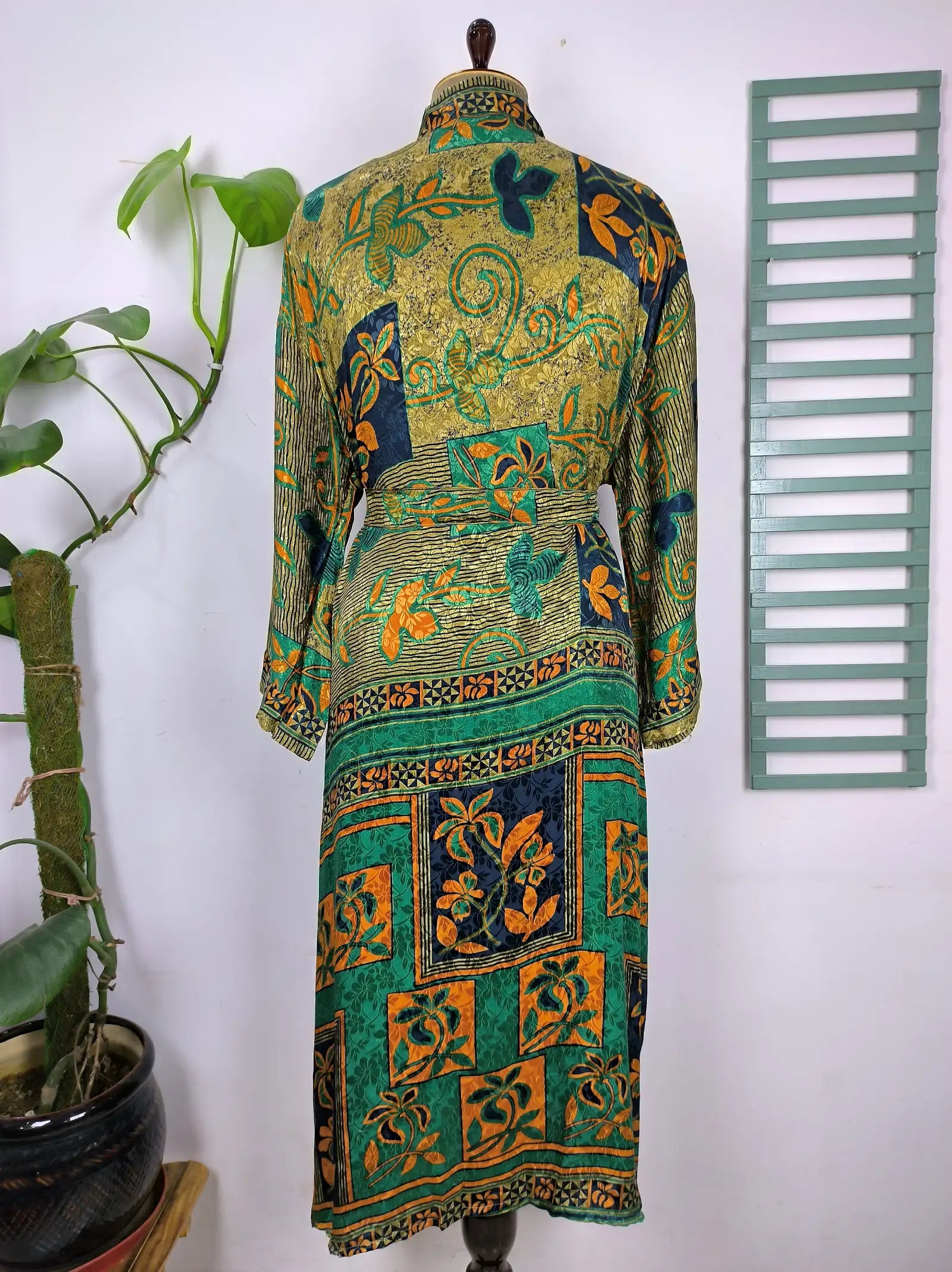 Upcycle Boho Chic Coverup Recycle Silk Sari Kimono Gorgeous Wardrobe Vintage Elegance House Robe | Duster Cardigan Beige Green Blue Floral