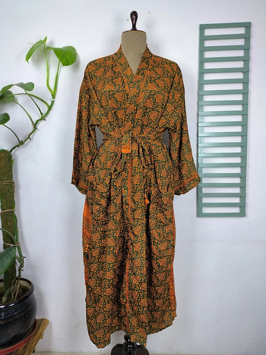 Upcycle Boho Chic Coverup Recycler Soie Sari Kimono Magnifique Garde-Robe Vintage Elegance House Robe | Duster Cardigan Feuilles de fleurs botaniques