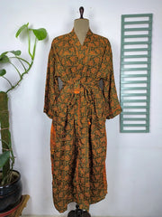 Upcycle Boho Chic Coverup Recycle Silk Sari Kimono Gorgeous Wardrobe Vintage Elegance House Robe | Duster Cardigan Botanical Blossom Leafs
