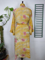 Upcycle Boho Chic Coverup Recycle Silk Sari Kimono Gorgeous Wardrobe Vintage Elegance House Robe | Duster Cardigan Yellow Hue Persian Floral
